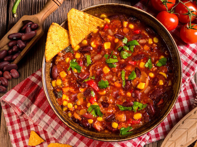 Delicious dish of vegetable chili served with nachos