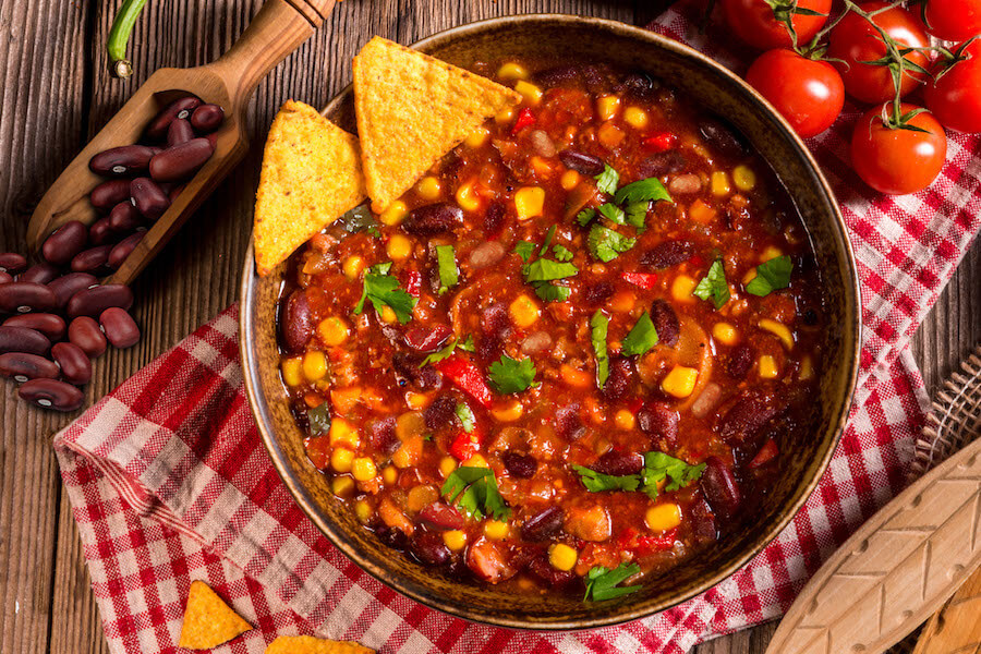 Delicious dish of vegetable chili served with nachos