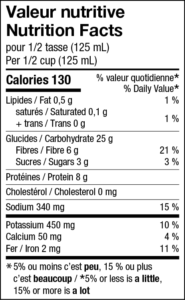 Nutrition facts chart of L’Héritage oven-baked vegetable chili