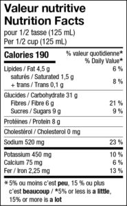 Nutrition facts chart of L’Héritage oven-baked beans with pork