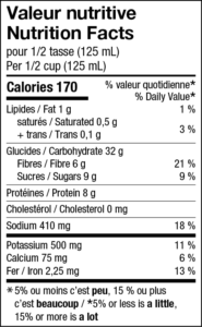 Nutrition facts chart of L’Héritage oven-baked maple beans