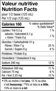 Nutrition facts chart of L’Héritage oven-baked vegetarian beans