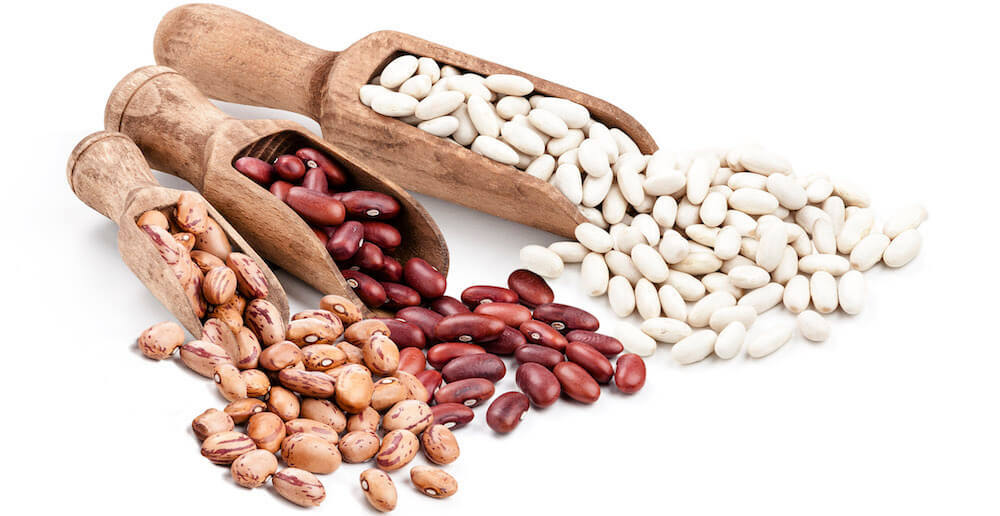 Wooden spoons filled with white, red and pinto beans
