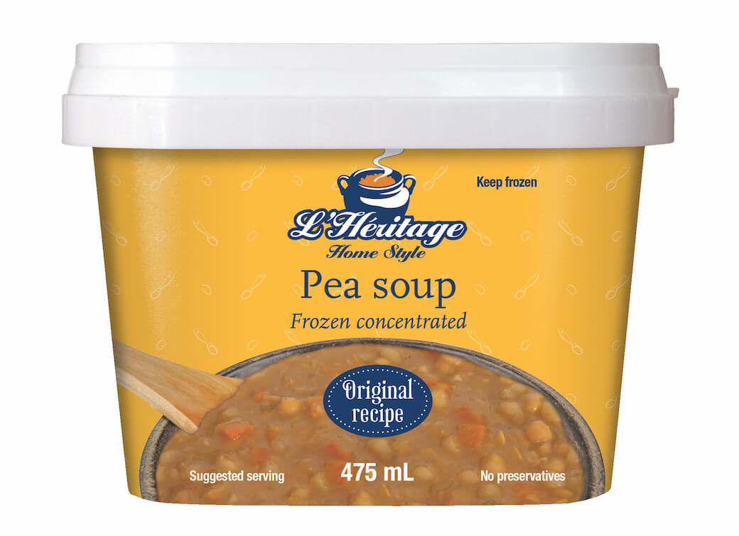 Packaging 475 ml of L’Héritage frozen concentrated pea soup