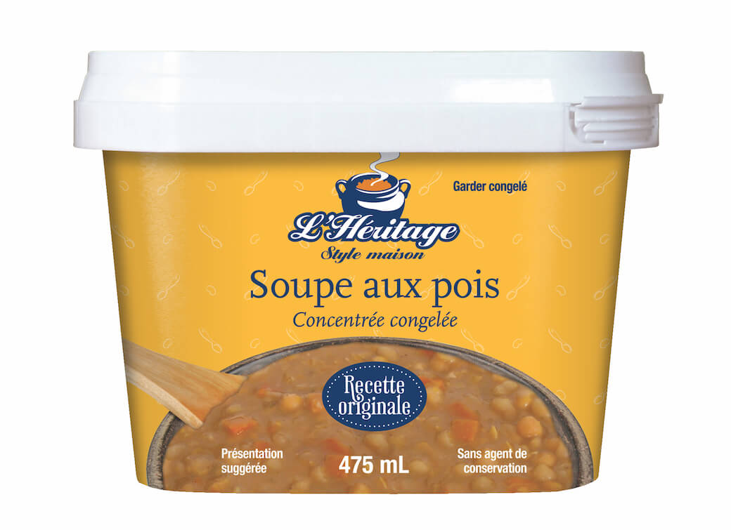 Emballage 475 ml de la soupe aux pois concentrée congelée L’Héritage