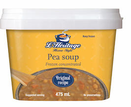 Packaging 475 ml of L’Héritage frozen concentrated pea soup